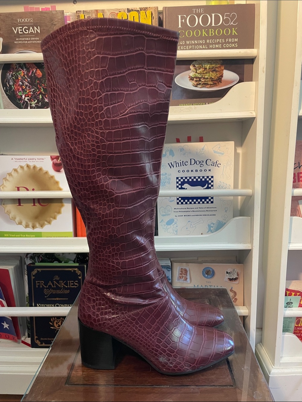 Croc-Embossed Tall Knee Boots in Deep Burgundy - Picture 5 of 12